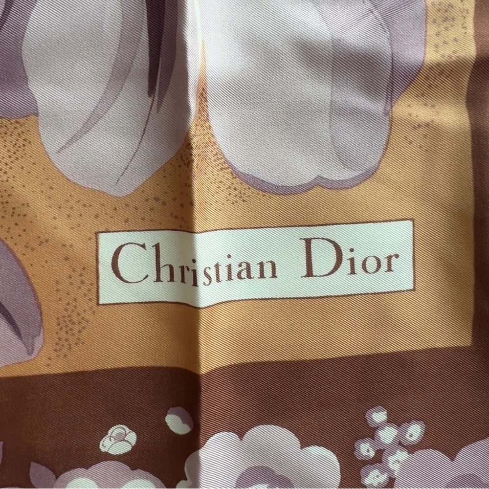 Christian Dior Floral brown mocha Silk satin square Scarf